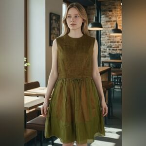 Vintage 1960s Olive Green & Burnt Orange Pleated Dress